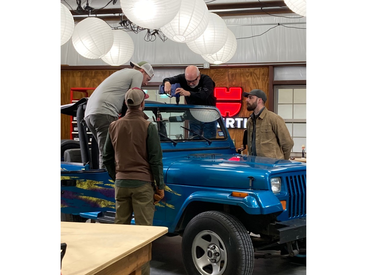 Demonstrating rivet nut threaded inserts by modifying the roof of Randy’s wife, Ginny’s 1993 Jeep Wrangler in Episode 23.
